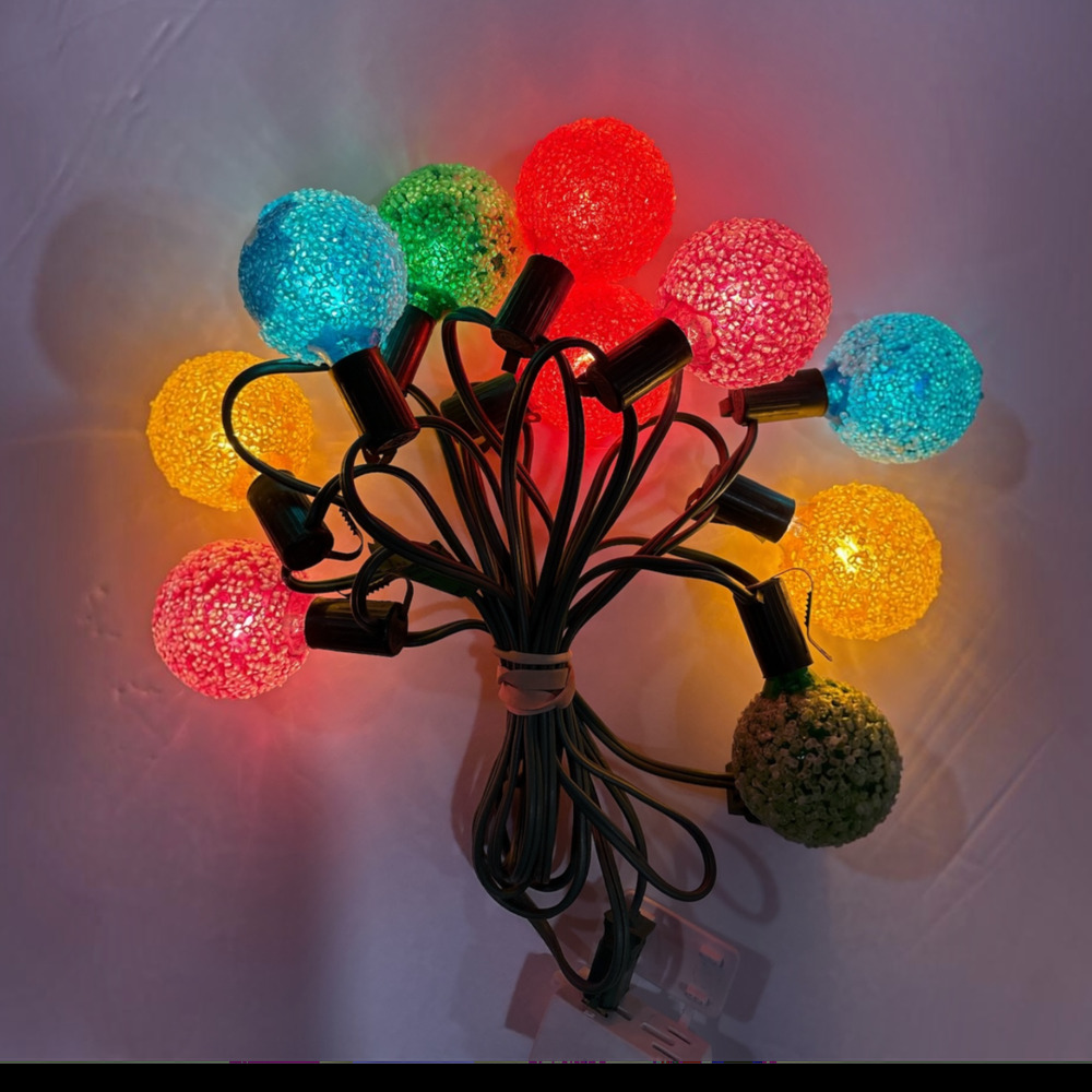 Vintage GE Lighted Snowball Ice Sugar Christmas Lights 10 Strand Bulbs Working